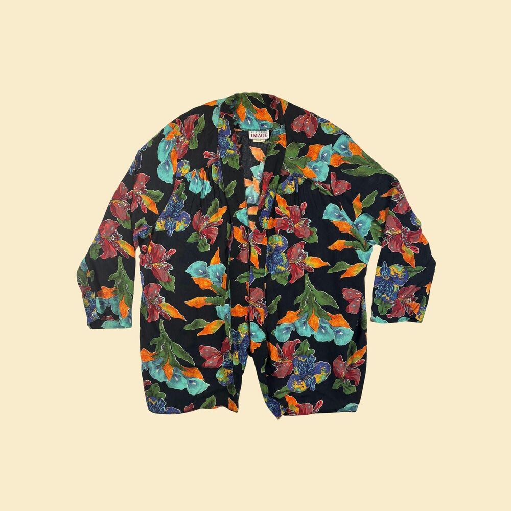 70s/80s rayon cardigan jacket, open-faced floral abstract USA made jacket